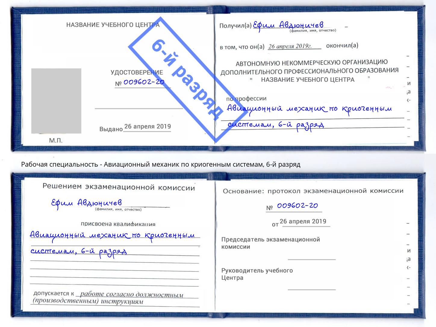 корочка 6-й разряд Авиационный механик по криогенным системам Барнаул