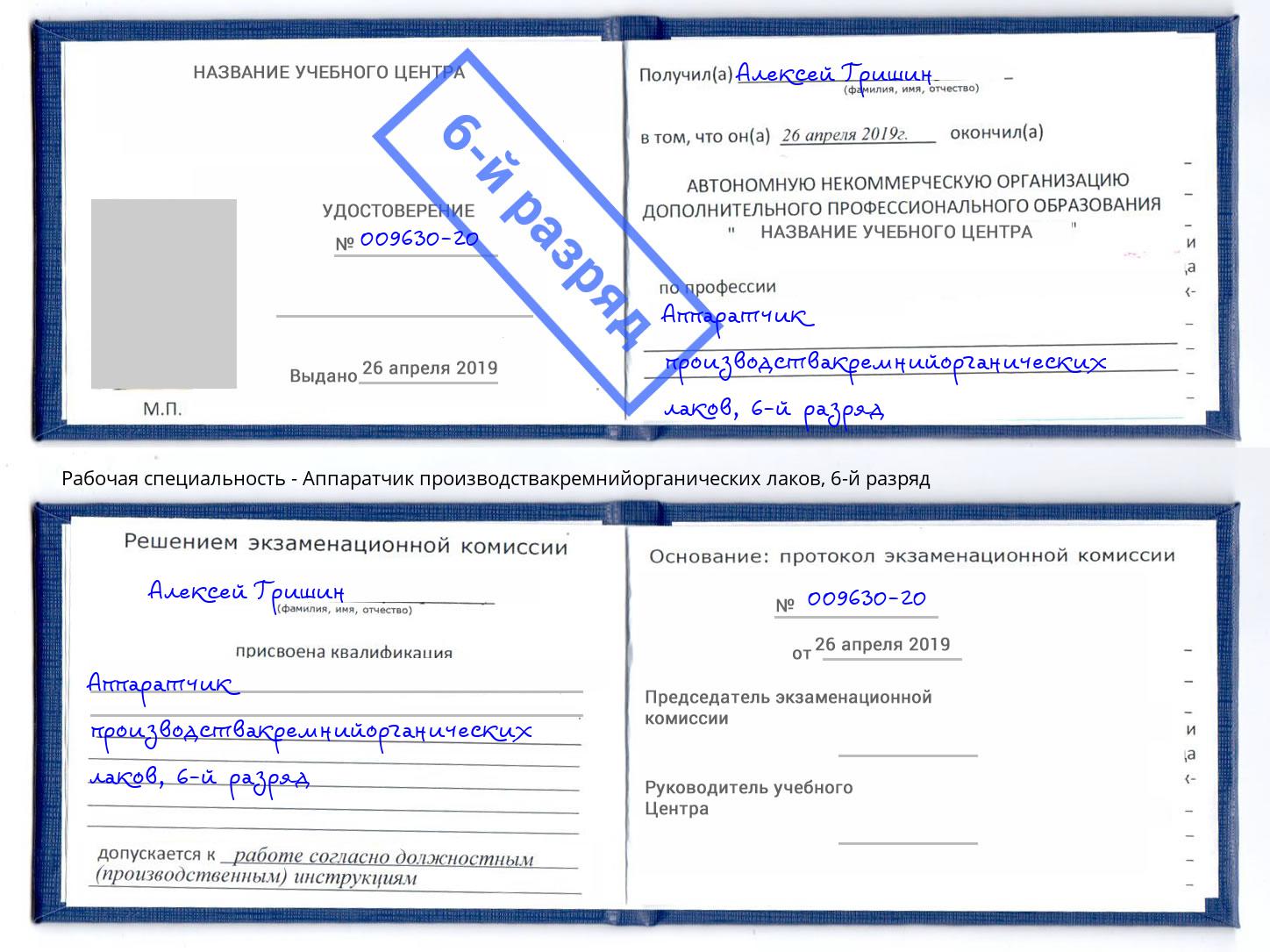 корочка 6-й разряд Аппаратчик производствакремнийорганических лаков Барнаул