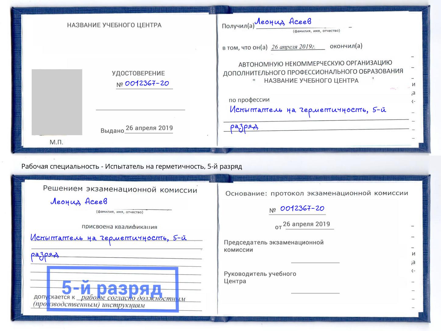 корочка 5-й разряд Испытатель на герметичность Барнаул
